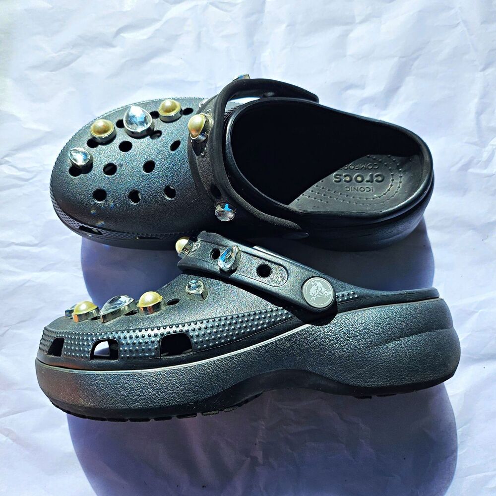 Crocs Women's Black Platform Clog Slip-On with Pearl & Rhinestone Accents